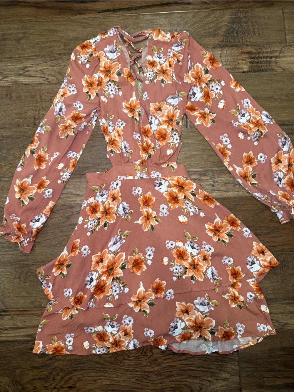 Altar'd State Rust Floral Ruffle Mini Dress - Size Large - Boho Open Back - Picture 3 of 10